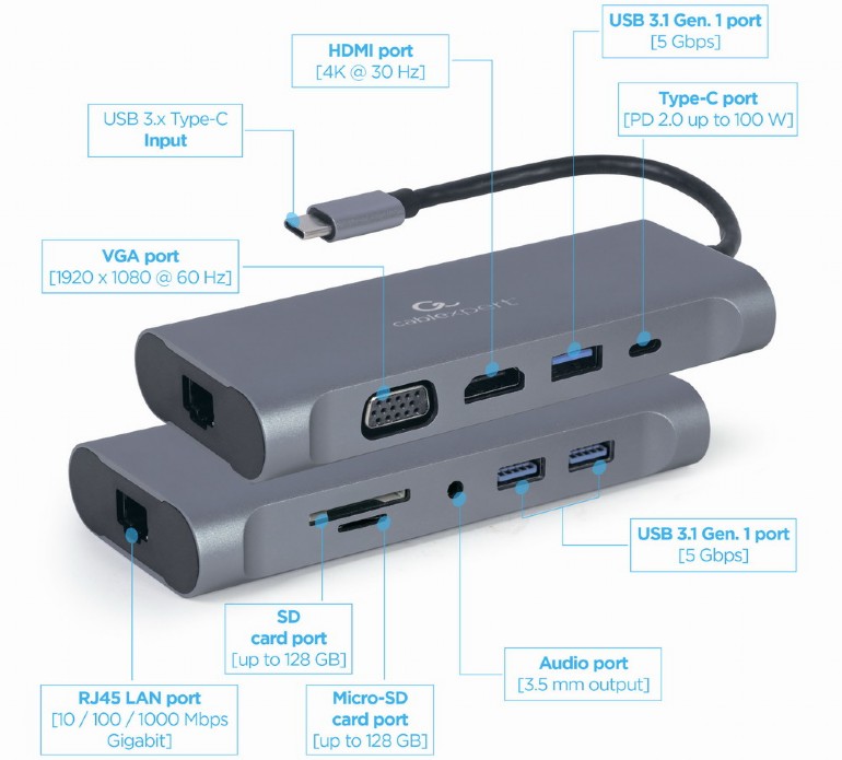 USB Type-C 7-in-1 multi-poort adapter (Hub3.0 + HDMI + VGA + PD + kaartlezer + stereo audio), space greya